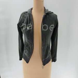 BEBE Gray Swarovski Crystal Logo Hoodie Jacket Small EUC